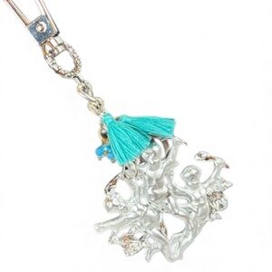 Silver‎ Cherub Keychain with Teal Tassels & Rhinestone Accents Hand Crafted